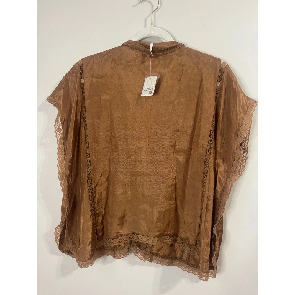 Free People Lace Trim Satin Tie Front Blouse Bronze Brown NWT